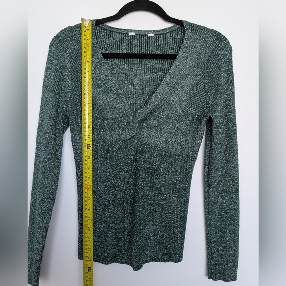 Metallic Green Silver Twist Front V Neck Rib Knit Long Sleeve Stretch Blouse - Picture 14 of 15